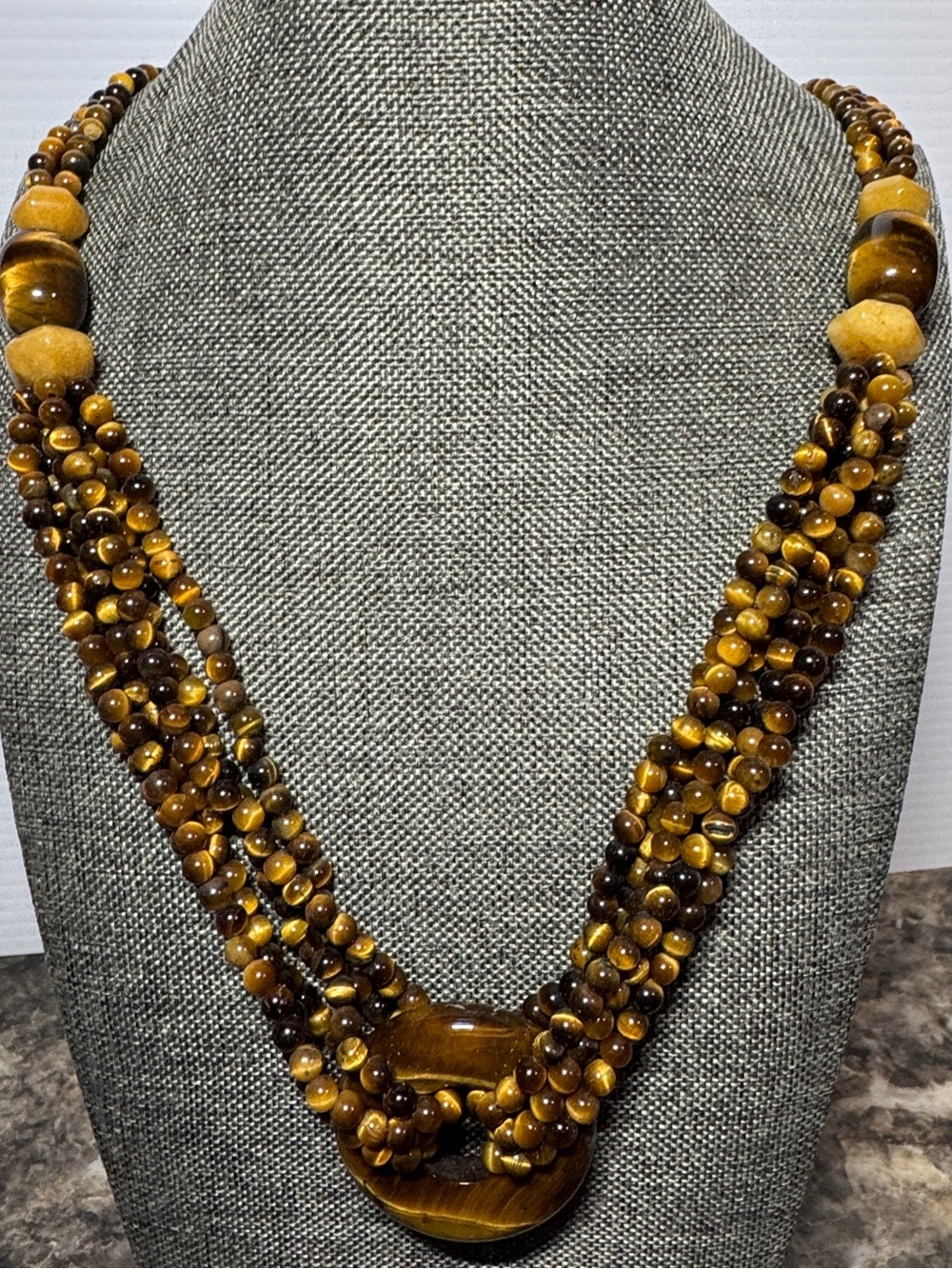 DTR Multi Strand Tiger Eye Bead Statement Necklace with Center Focal Ring